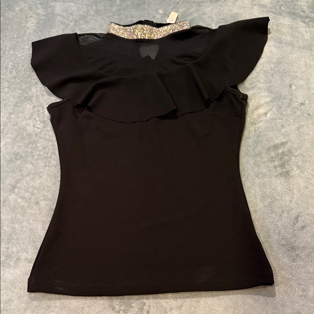 NWT Women's Black Ruffle Mock Neck Top with Mesh & Rheinstone Collar, size M